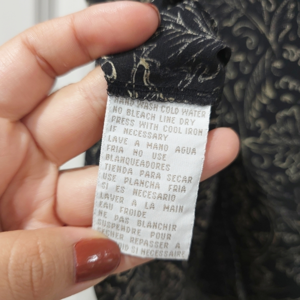 Jones New York Vintage Deadstock Black Tan Patterned Short Sleeve 100% Silk Top - Picture 8 of 14